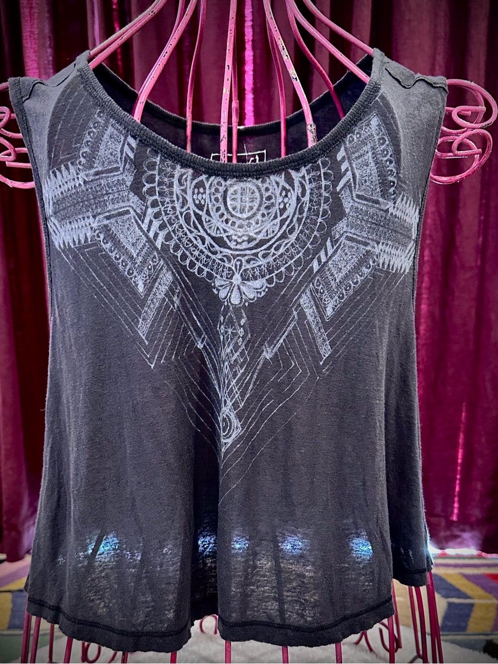 Vintage Free People Dreamcatcher Black Tank with Gray Geometric Medallion Print